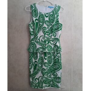 Antonio Melani Green Print Cotton Stretch Sheath Dress Ruffle Waist Knee Lngth 4